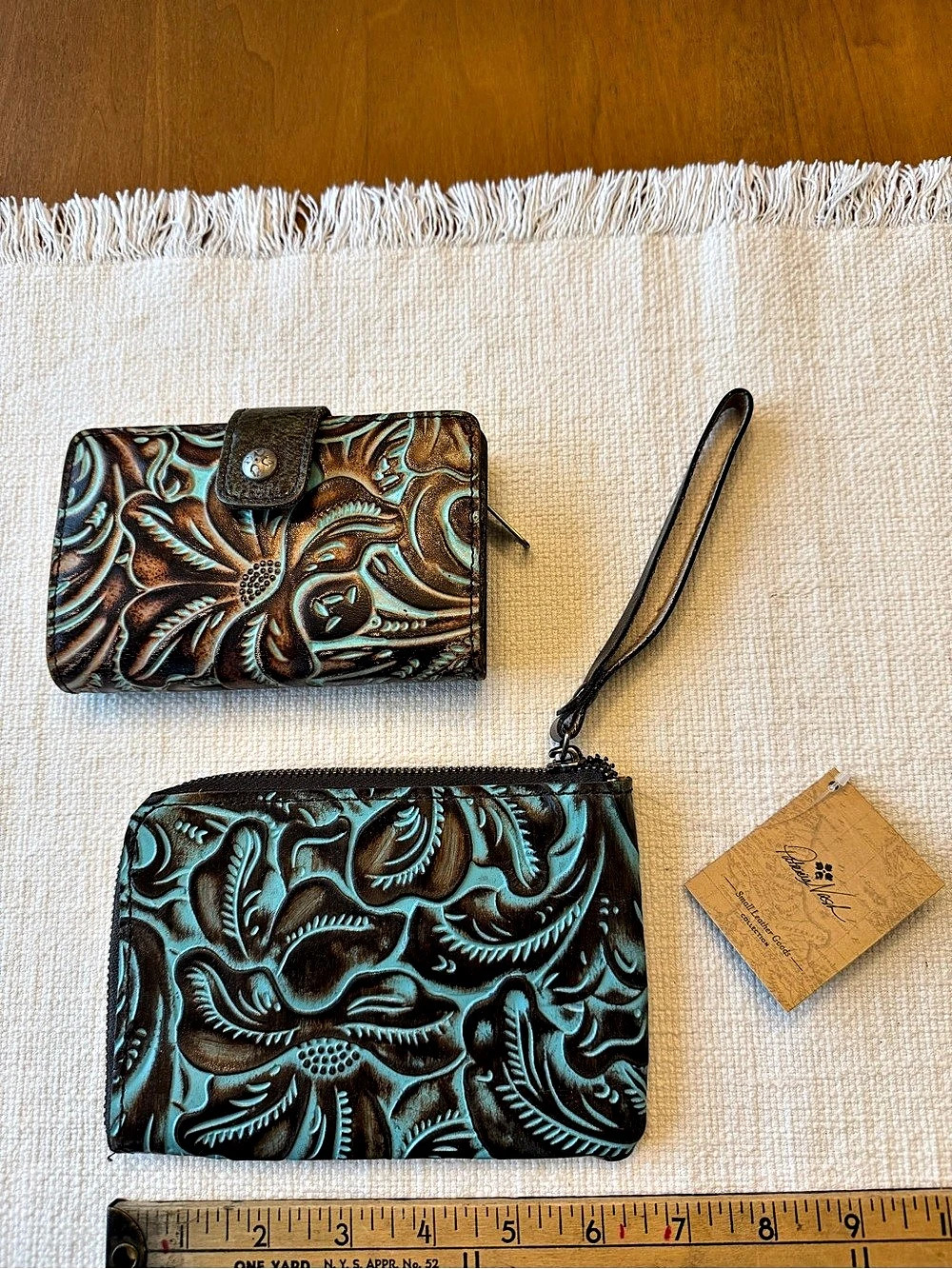 Patricia Nash Reala Leather Wristlet Brown & Blue. Matching wallet included.